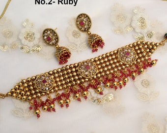 Ruby Choker Set: Indian Bridal Jewelry, Gold Finish alia set
