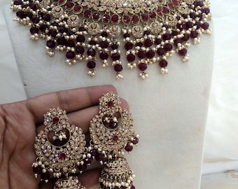 Gold Bollywood Bridal Jewelry Necklace, Earrings & Tikka Set miller set