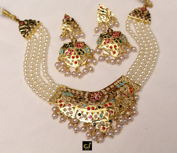 Jadau Pearl Choker Gold White,Navrattan Necklace SetIndian Pipal Patti Necklace Set Punjabi Indian JewelleryMuslim Necklace Set