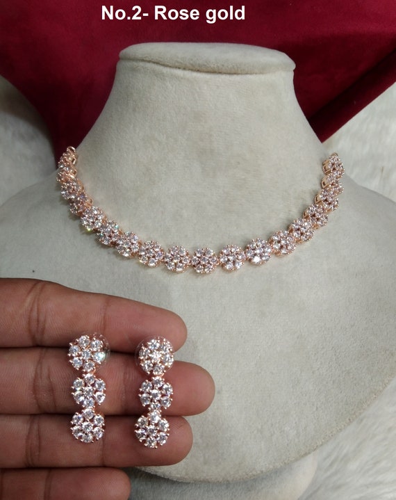 Cubic Zirconia Diamond Necklace Earrings Set Rose Gold Silver