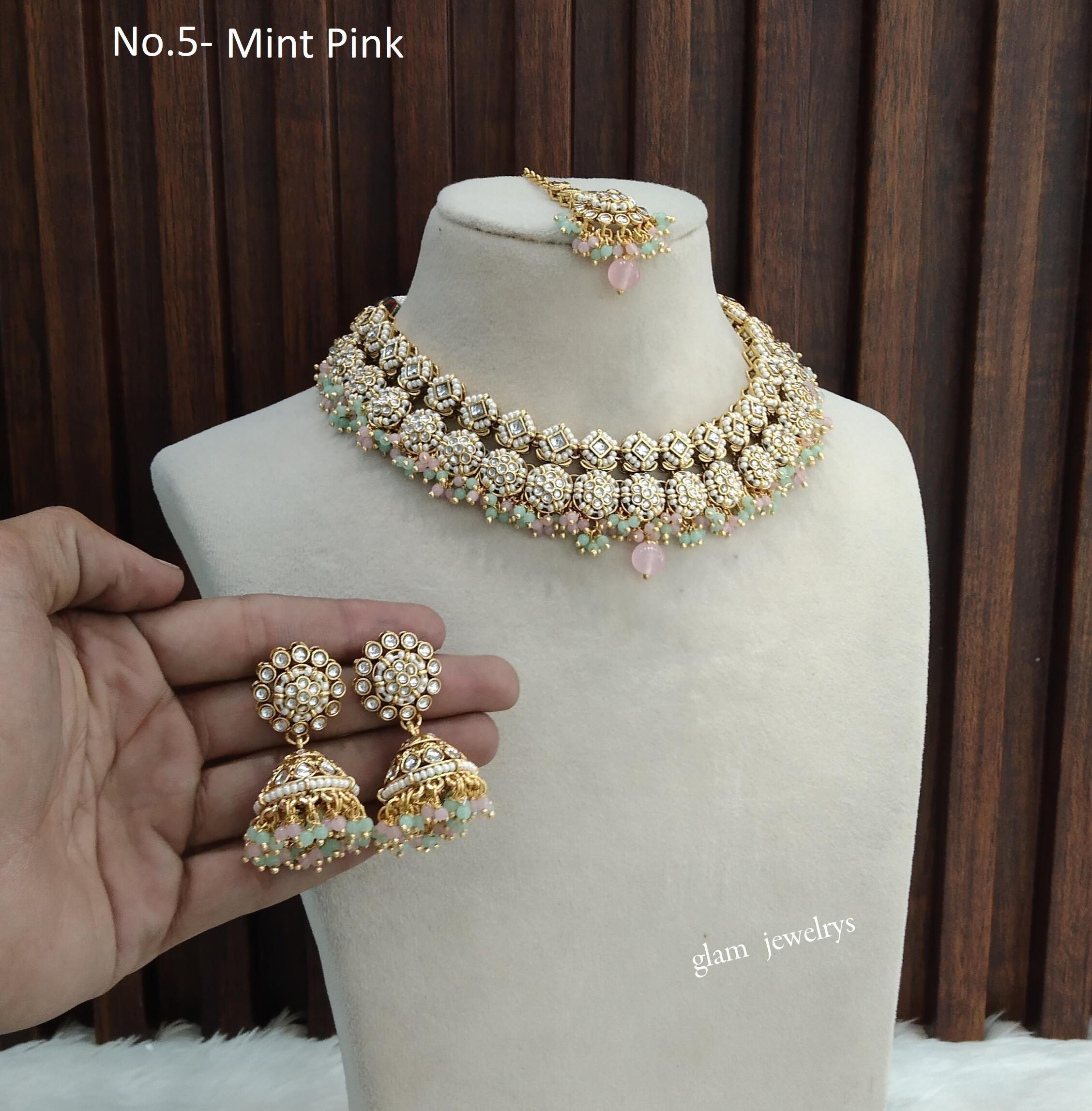 Elegant Kundan Necklace with Earring and Tikka Set Item#1095  Rose‑Gold Kundan Necklace Set –Modern Indian Jewellery| Necklace and Earring Set display picture 1