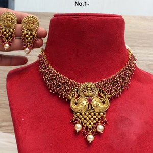 Indian Gold Jewelry Temple Jewellery Necklace set/ Gold plated ruby Necklace Set Bollywood Style Gold Finish South Indian bridal Jewelry