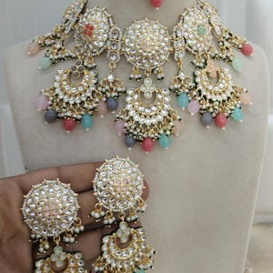 Indian Jewelry/ Gold Bridal Kundan necklace Set , Gold white , Mehndi Indian Eric Bridal Jewellery  kundan Necklace set