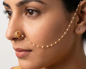 Gold Indian Bridal Nath Nose Ring: Non-Pierced Clip On, Bollywood Jewelry