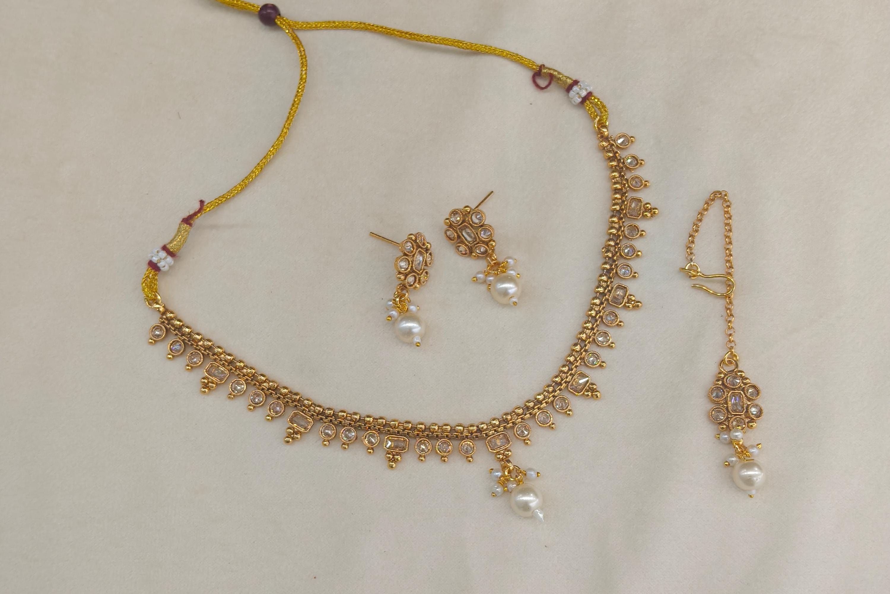 Gold Finish Polki Necklace Set, Indian Bridal Jewelry Gandhi Alma Set ...