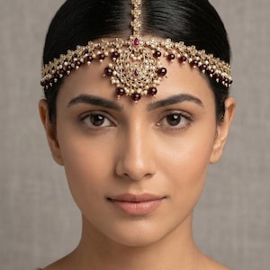 Bandeau maatha Patti en or antique : chaîne de cheveux indienne Tikka No.4- Antique Maroon