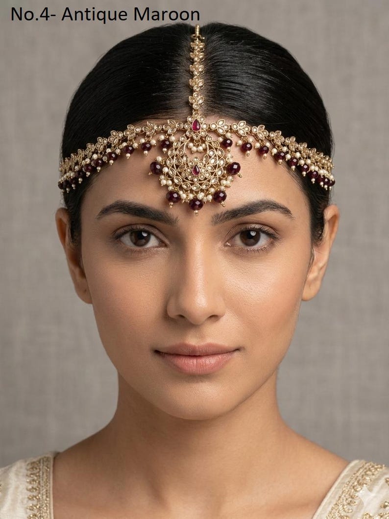 Bandeau maatha Patti en or antique : chaîne de cheveux indienne Tikka No.4- Antique Maroon