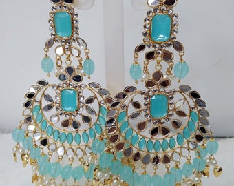 Gold Plated Jadau Earrings Tikka Set, Indian Bollywood Jewelry