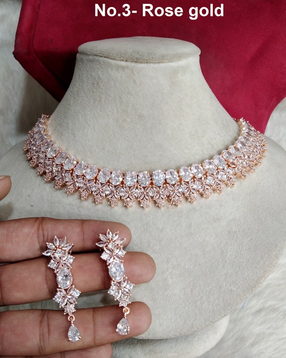 ADELIE Rose Gold Simulated Diamond Necklace and Earrings Set