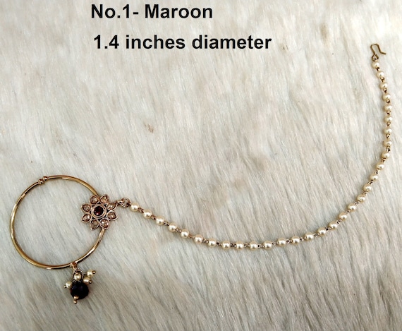 Indian Bridal Nose Ring Nath, Gold Plat, Non Pierced, Bollywood Jewelry