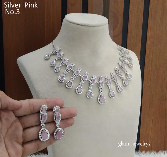 Handmade Cubic Zirconia Bridal Necklace Earrings Set, Rose Gold