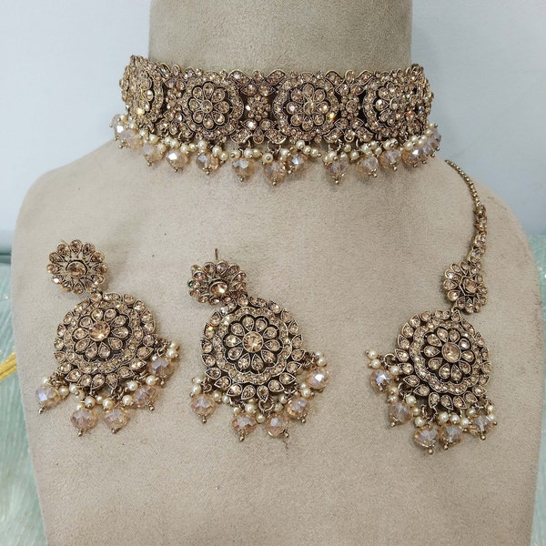 Choker Set gold Necklace Set/ Bollywood Jewellery/dark gold Indian choker necklace set/ Bridesmaid Jewellry/Women Necklace heena set