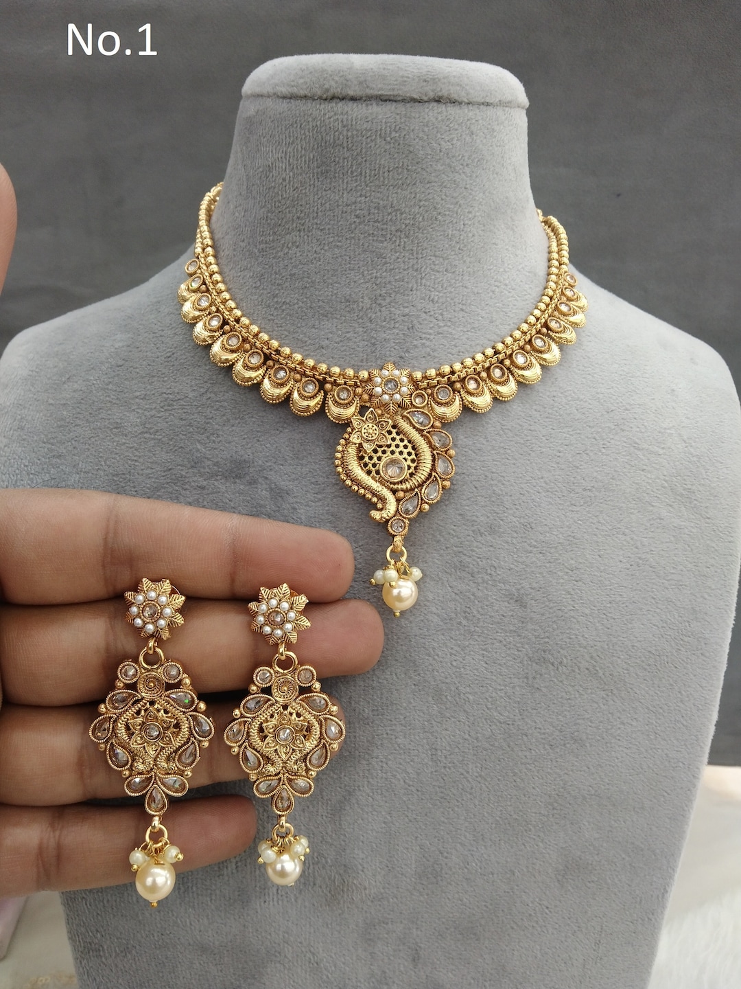 Indian Gold Finish Crystal Necklace Set, Bollywood Challa Gandhi