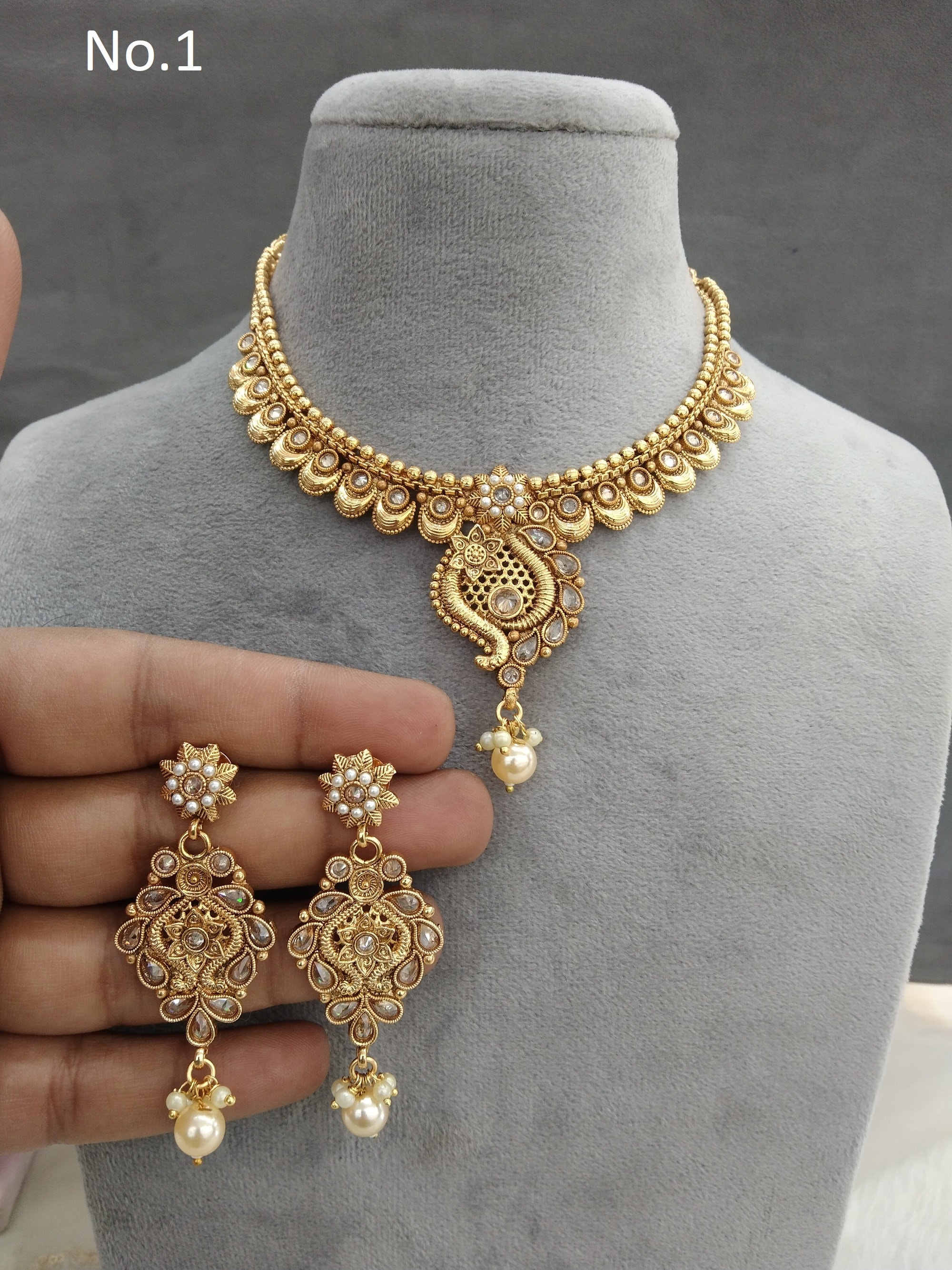 Indian Gold Finish Crystal Necklace Set, Bollywood Challa Gandhi