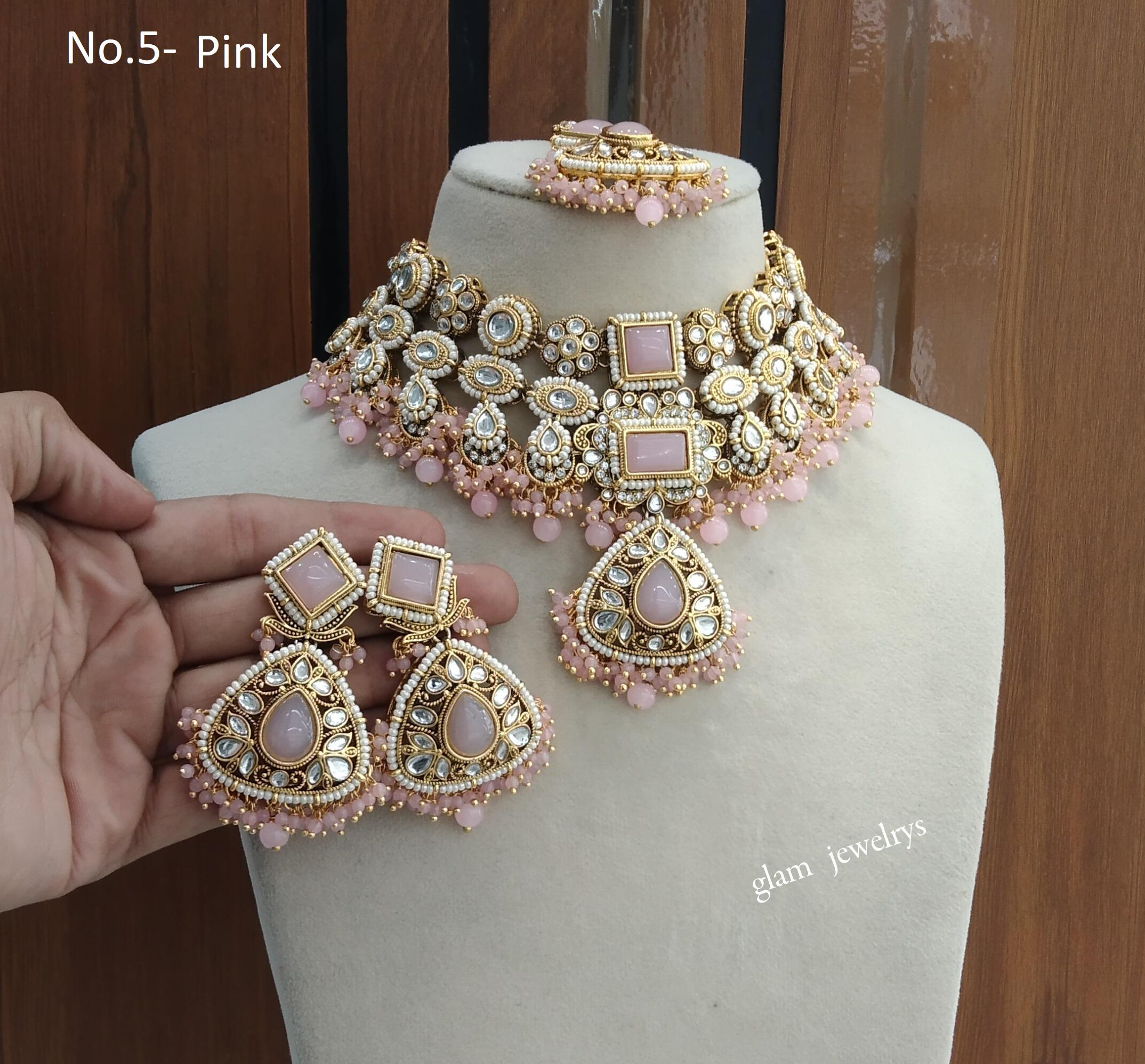Indian Jewelry/bridal Gold White, Green, Pink Necklace Set