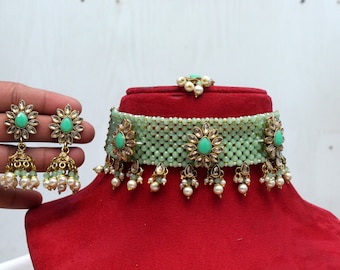 Conjunto de colar choker Kundan, joias indianas em tons de verde pastel