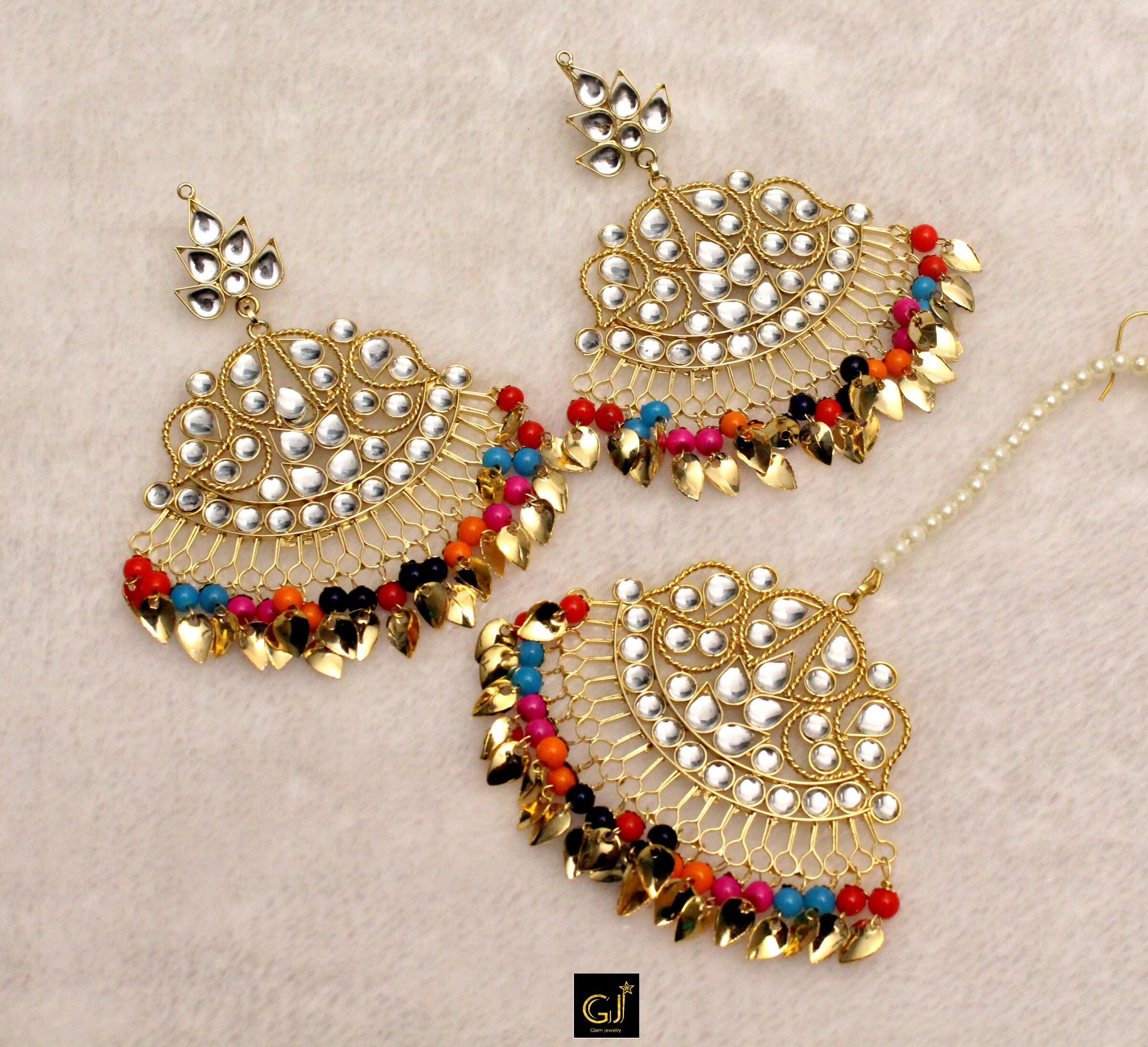 Kundan Earrings Tikka Jadau Gold Plat Set/Indian Pipal ...