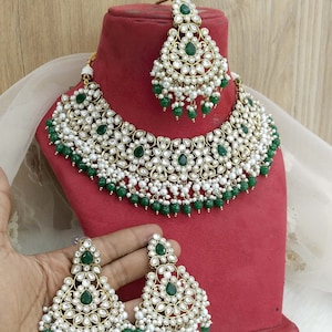 Indian Jewelry/ Gold Plated Semi Bridal Kundan necklace Set Indian gold kundan green  Wedding  Jewellery origin Necklace