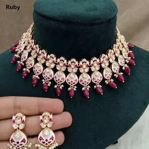 Indian Jewelry/Bridal Gold Plated ivory Kundan Necklace Set/Indian Wedding Kundan Jewellery Runes Necklace Set