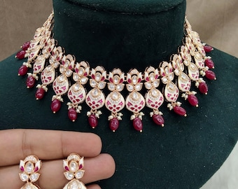 Kundan Bridal Jewelry Set: Gold Plated Indian Necklace with Earrings & Tikka runes set