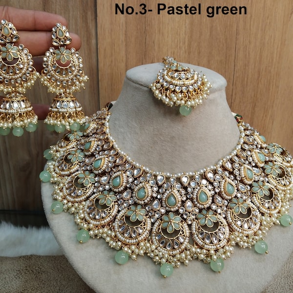 Indian Jewelry/ Gold Bridal Kundan necklace Set Indian gold white, maroon, pastel green,black, peach Bridal Jewellery Harris justin Necklace