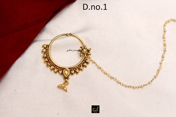 Gold Plated Bridal Jewellery Nose Ring Nath with Long Chain – beadsnfashion