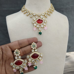 Indian Jewelry/Bridal Gold white Kundan necklace Set/Indian Wedding Kundan  Jewellery swaziland Necklace