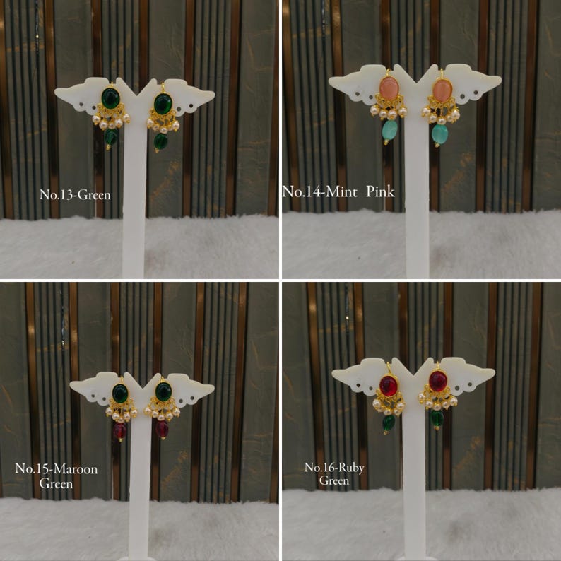 May include: Four pairs of gold-tone earrings displayed on white stands. No. 13-Green features dark green stones, No. 14-Mint Pink has pink and mint stones, No. 15-Maroon Green has maroon and green stones, and No. 16-Ruby Green has ruby and green stones.