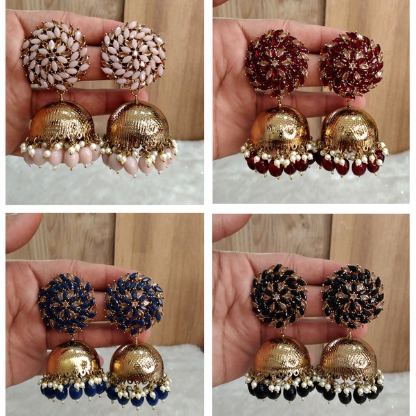 Indian Jhumka Earrings Jewelry/Punjabi Gold  Wedding Indian Jewelry ,pink, maroon Jhumka Indain Earrings/Bridal jhumka legend earrings
