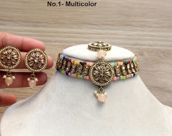 Antique Gold Plated Choker Set, Indian Bollywood Jewelry rita sanjay sets
