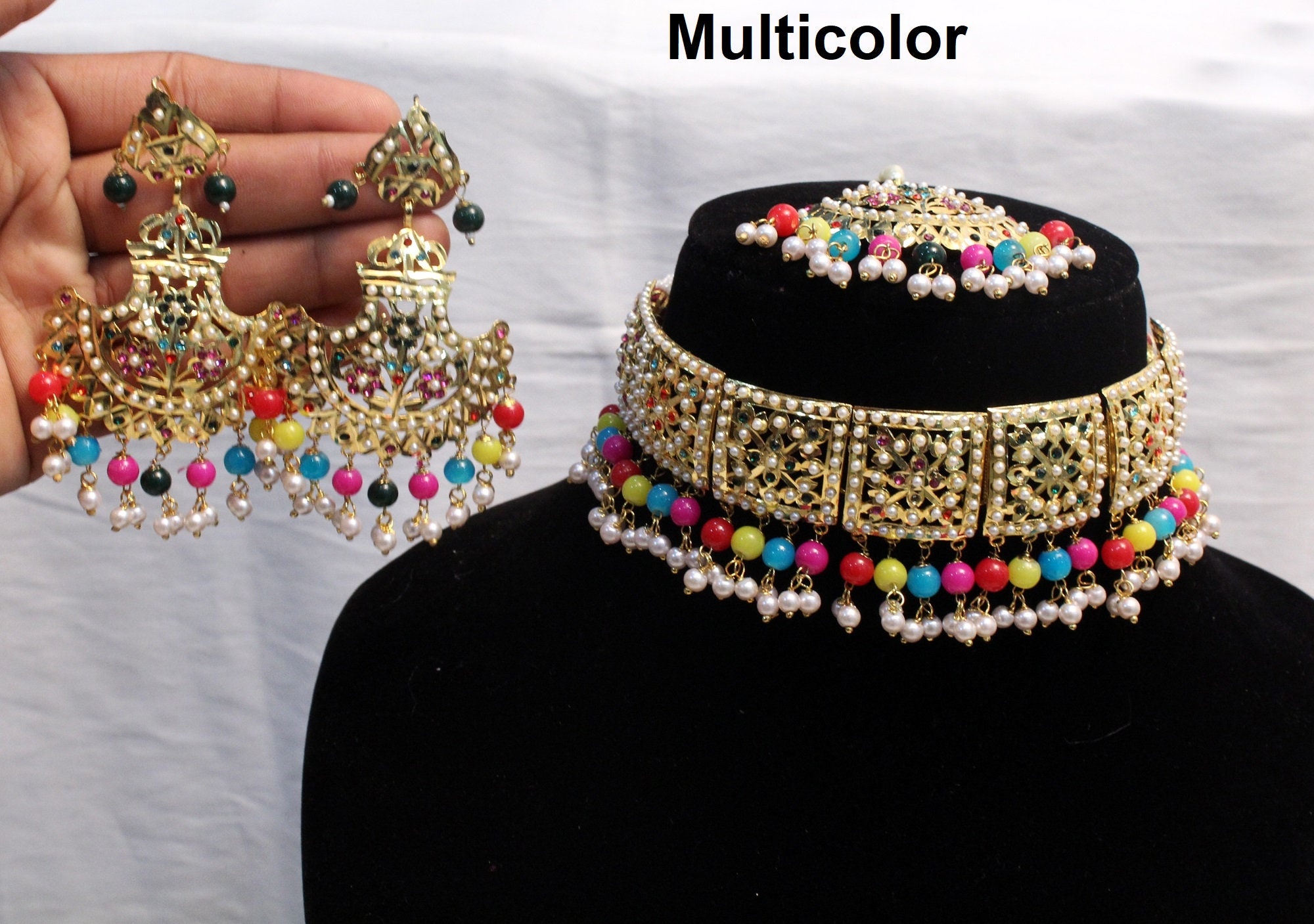 Jadau Pearl Choker Gold White,Navrattan Necklace SetIndian Pipal Patti Necklace Set Punjabi Indian JewelleryMuslim Necklace Set