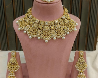 Kundan Bridal Jewelry Set, Gold, Pearls, Indian Necklace kevi Hargun set