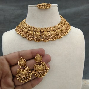 Indian Polki Jewelry Jewellery Necklace Set/ Bollywood Style Gold Finish South Indian bridal tishi Jewelry