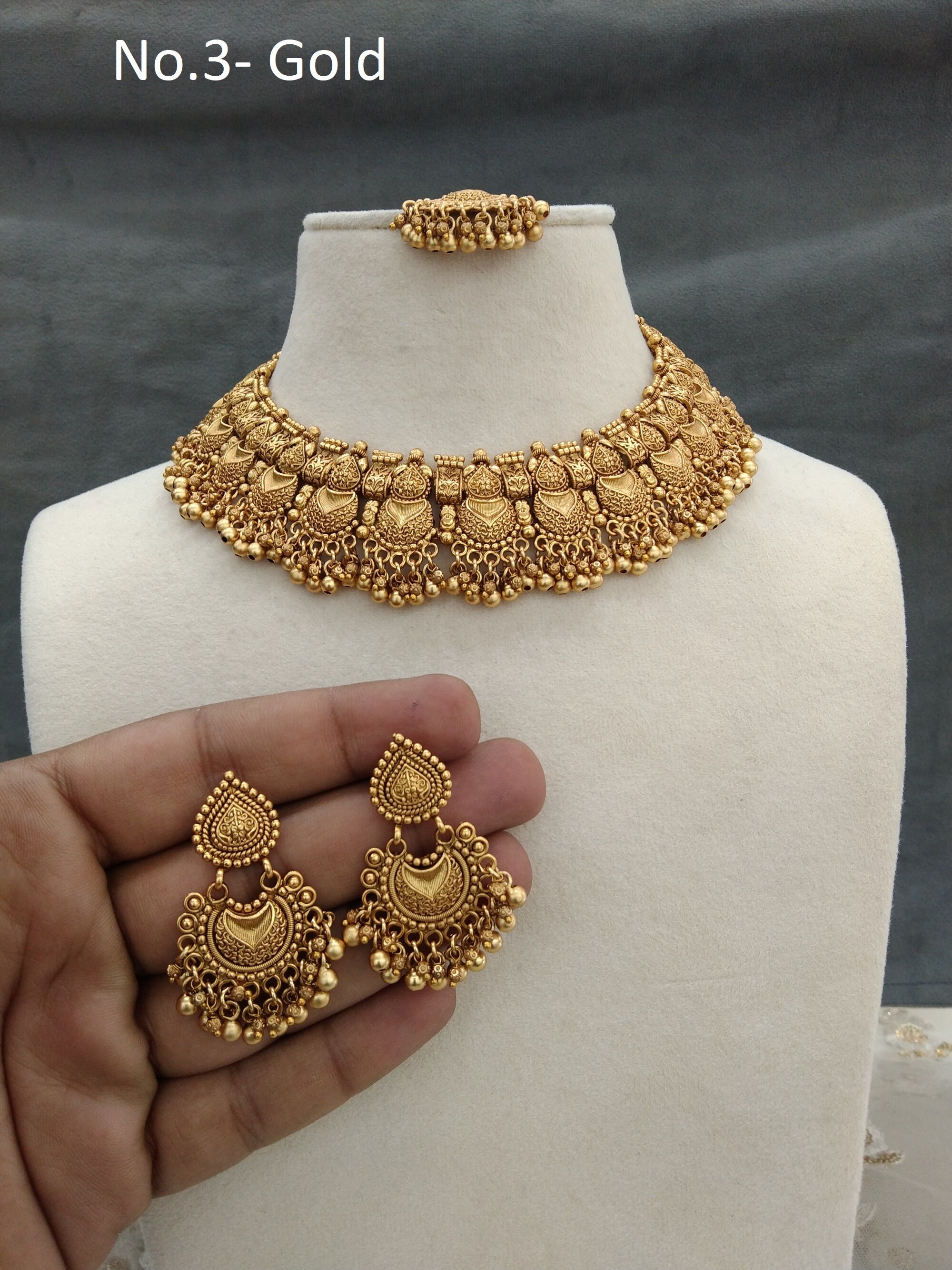 Indian Polki Jewelry Jewellery Necklace Set/ Bollywood Style Gold Finish South Indian bridal tishi Jewelry