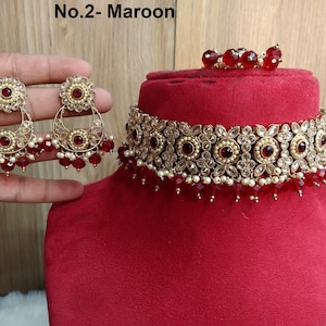 Choker Set Necklace Set/ Peach, Dark Gold Plated Maroon, Dark Pink Jewellery set Oswego Indian Choker Necklace set/Bridesmaid Jewellry