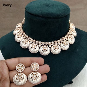 Indian Jewelry/Bridal Gold Plated Ivory Kundan Necklace Set/Indian Wedding Kundan Jewellery Runes Necklace Set