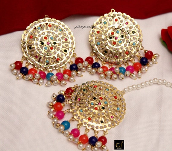 Big Punjabi Tikka Set with Earrings for Women - Multicolour by FashionCrab®  - FashionCrab.us