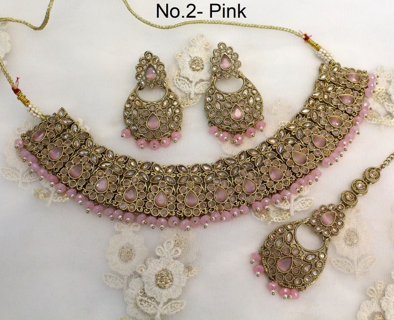 Indian Jewelry Jewellery/dark gold Bridal necklace Set/Bollywood Gold Indian Jewelry Jewellery Necklace Set/ Wedding setu Sets No.2- Pink