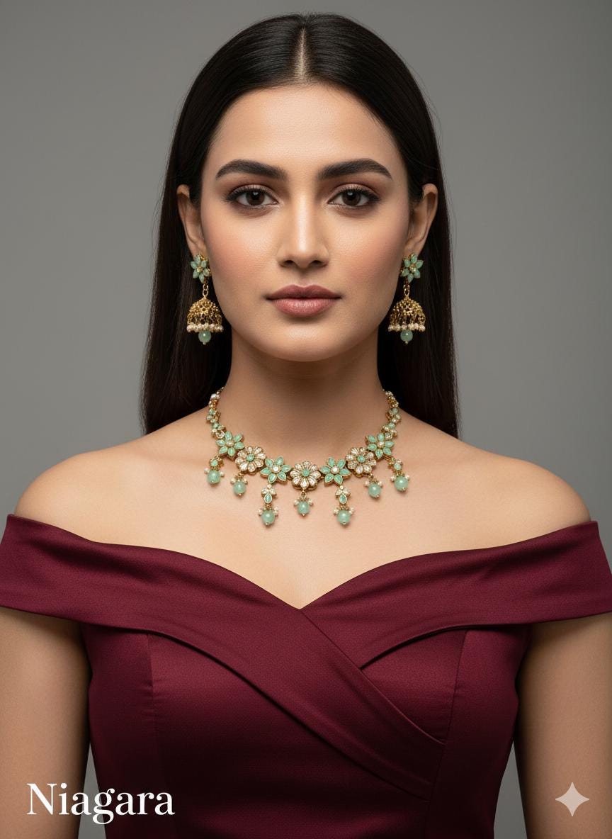 Set Gioielli Indiano Sposa Bollywood &ndash; Collana Choker, Orecchini E Tikka In Cristallo E Perla