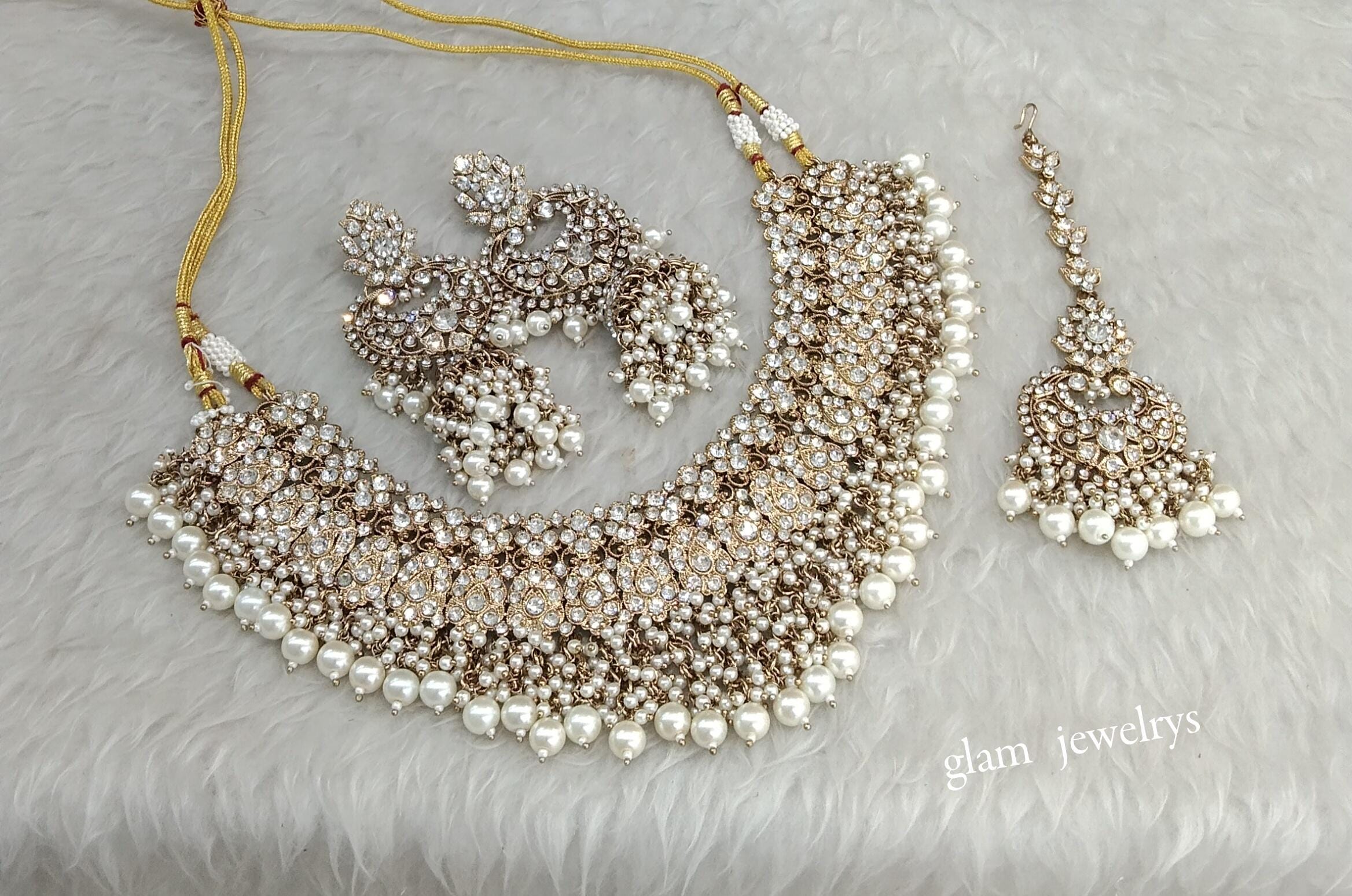 Ensemble Bijoux Bollywood Indien Neuf - Collier Pierres Perles Or Blanc Pour Mariage Ou Déguisement