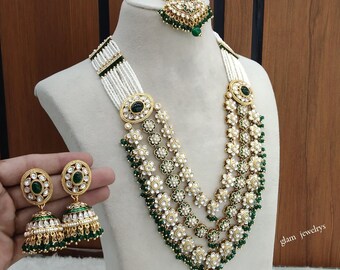 Set di gioielli indiani Kundan, collana da sposa a strati, orecchini Tikka, set Sunita