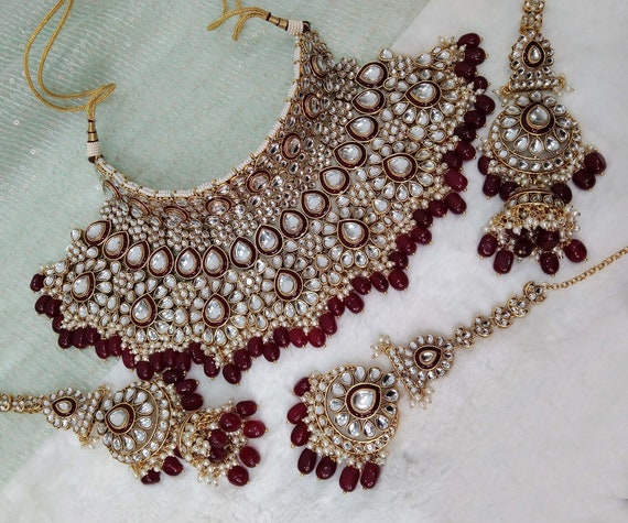 Indian Jewelry Jewellery gold Maroon green Kundan Necklace Set