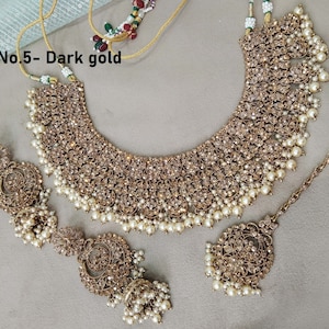 Indian Jewelry Jewellery/Semi Bridal Gold Bollywood Bride Jewelry Necklace Set/Rose Gold, dark gold , Silver necklace perm Set/ bridal set