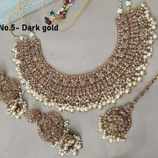 Indian Jewelry Jewellery/Semi Bridal Gold Bollywood Bride Jewelry Necklace Set/Rose Gold, dark gold , Silver necklace perm Set/ bridal set