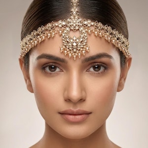 Bandeau maatha Patti en or antique : chaîne de cheveux indienne Tikka No.5- Antique Gold