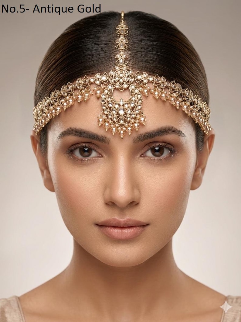 Bandeau maatha Patti en or antique : chaîne de cheveux indienne Tikka No.5- Antique Gold