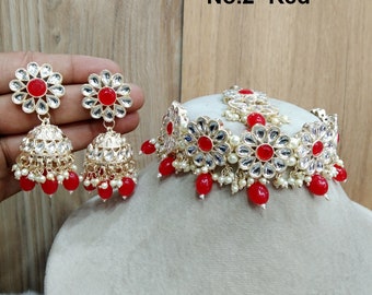 Red Kundan Choker Set, Gold Plated Indian Bridal Soza Jewelry