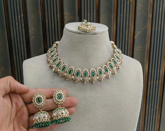 Antique Gold Indian Necklace Set: Crystal Rhinestone Jewelry Rina Risha Set