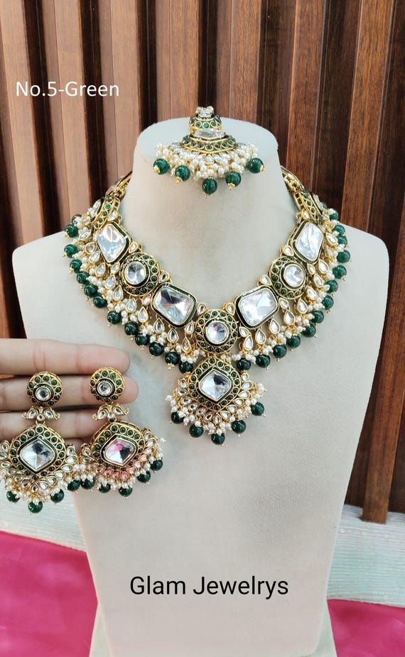 Gold Kundan Bridal Jewelry Set, Indian Necklace, Earrings 
