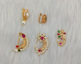 Clip On Indian Nose Ring, Gold Nathini, Non Pierced Bridal Jewelry